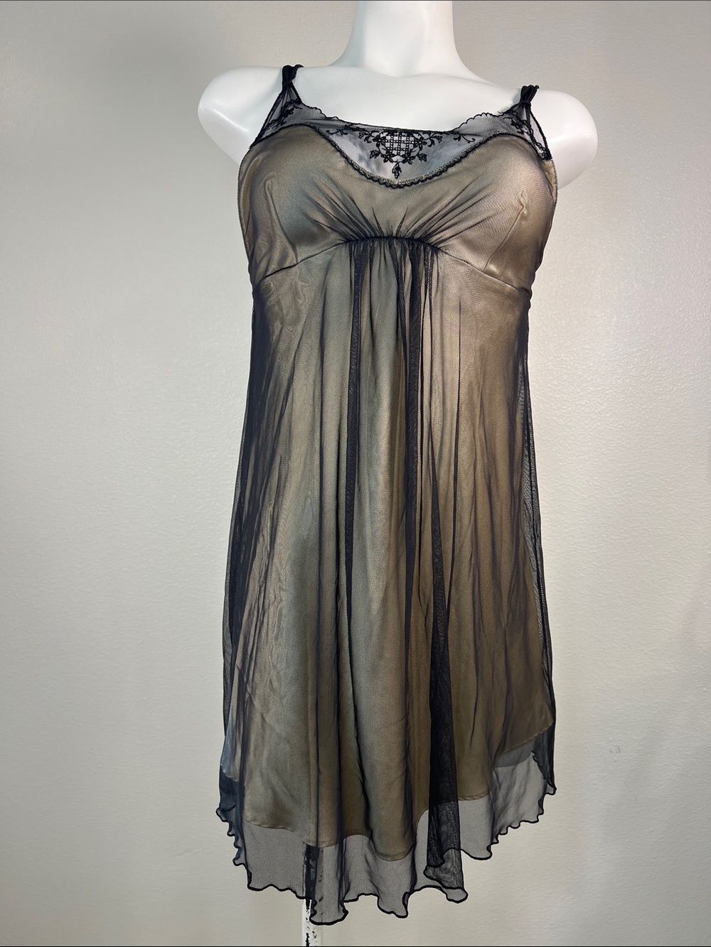 Victoria's Secret Vintage Black Sheer Chemise with Nude Underlayer SMALL